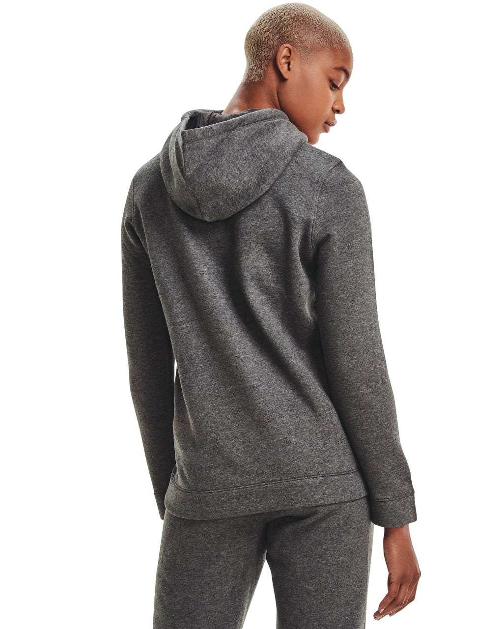 Under Armour Women's Hustle Fleece Hoodie in Carbon Heather - back on model