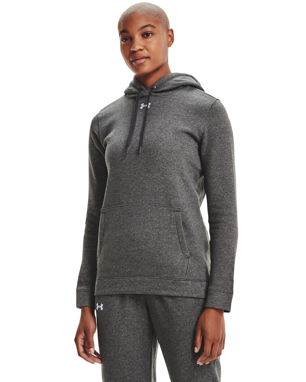 Under Armour Women's Hustle Fleece Hoodie in Carbon Heather - front on model