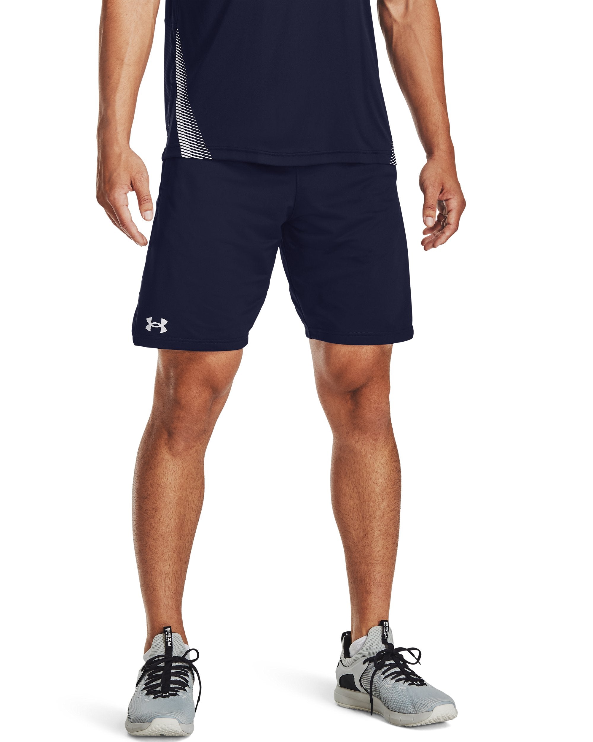 Under Armour UA Locker 9 inch Pocketed Short in Navy - front on model