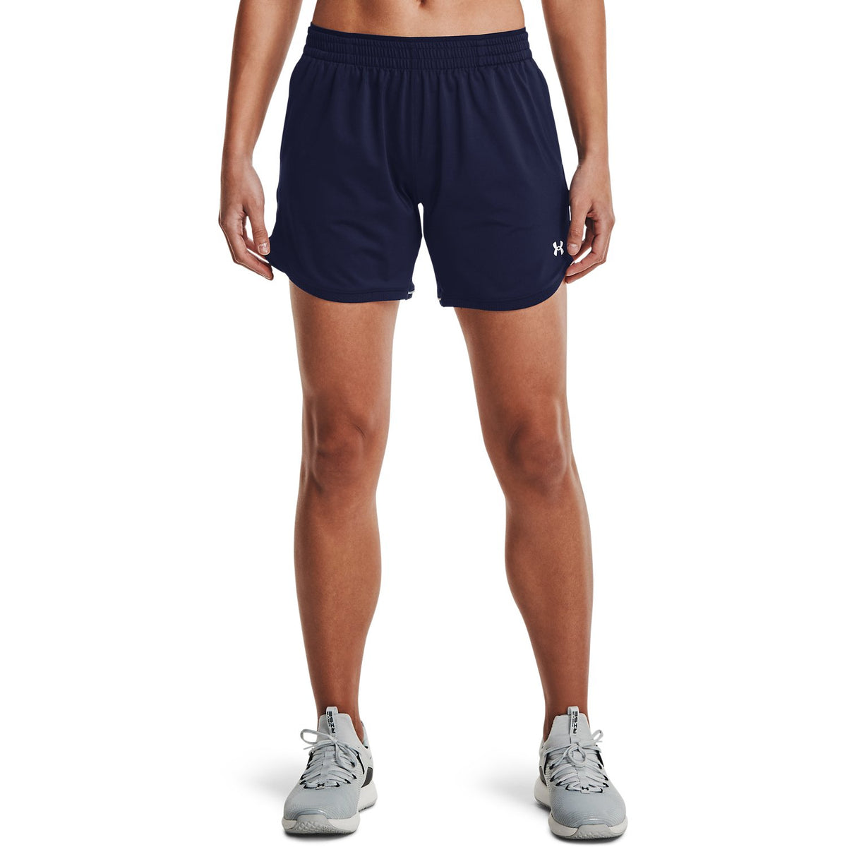 Under Armour Women's Mid Length Short - NAVY, front on-model view