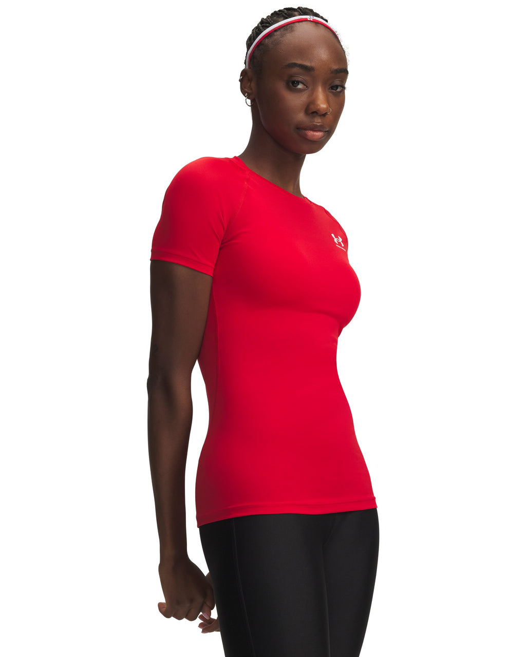 Under Armour Women's HeatGear Compression Short Sleeve Shirt Red - on model, front