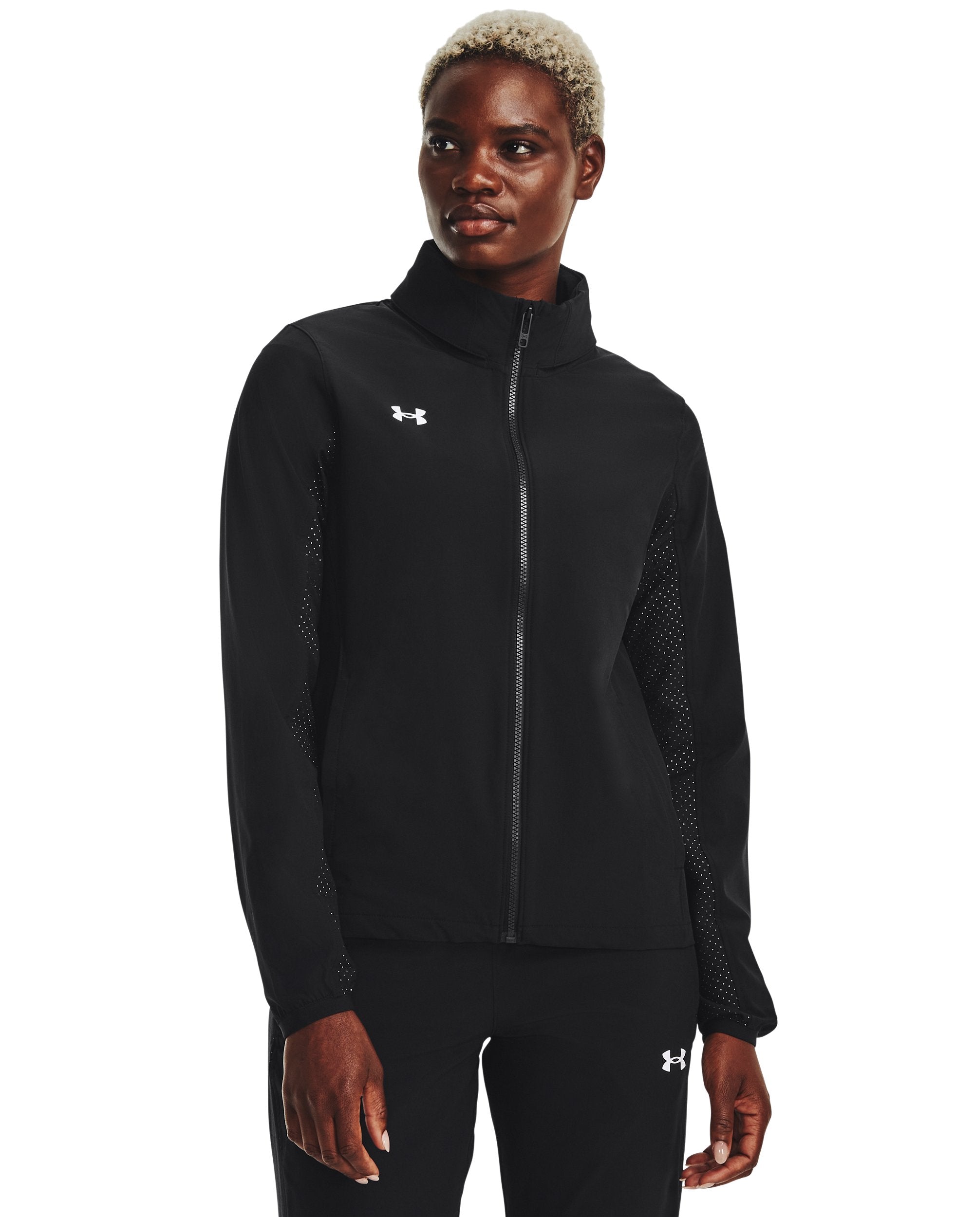 Under Armour Women's Squad 3.0 Warm-Up Jacket in Black - front on model
