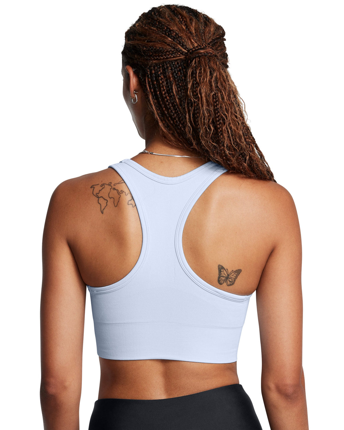 Under Armour Women's Vanish Seamless Mid Sports Bra Blue/White - on model, back
