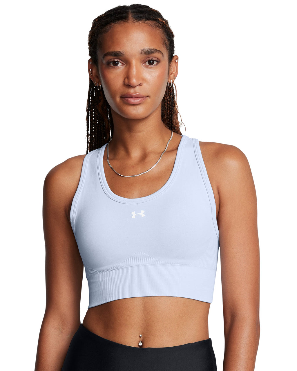 Under Armour Women's Vanish Seamless Mid Sports Bra Blue/White - on model, front