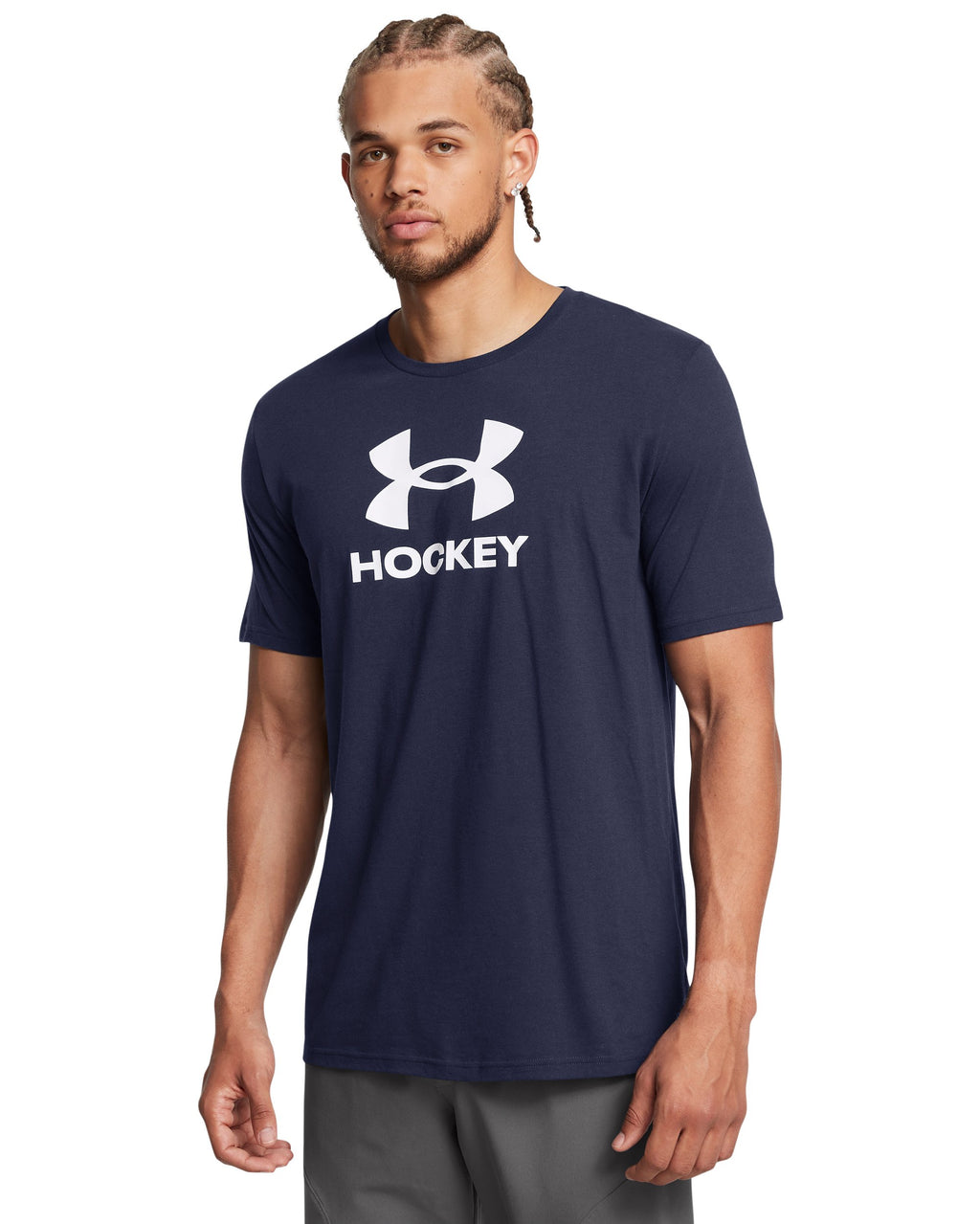 Under Armour Hockey Icon Short Sleeve T-Shirt Navy - on model, front