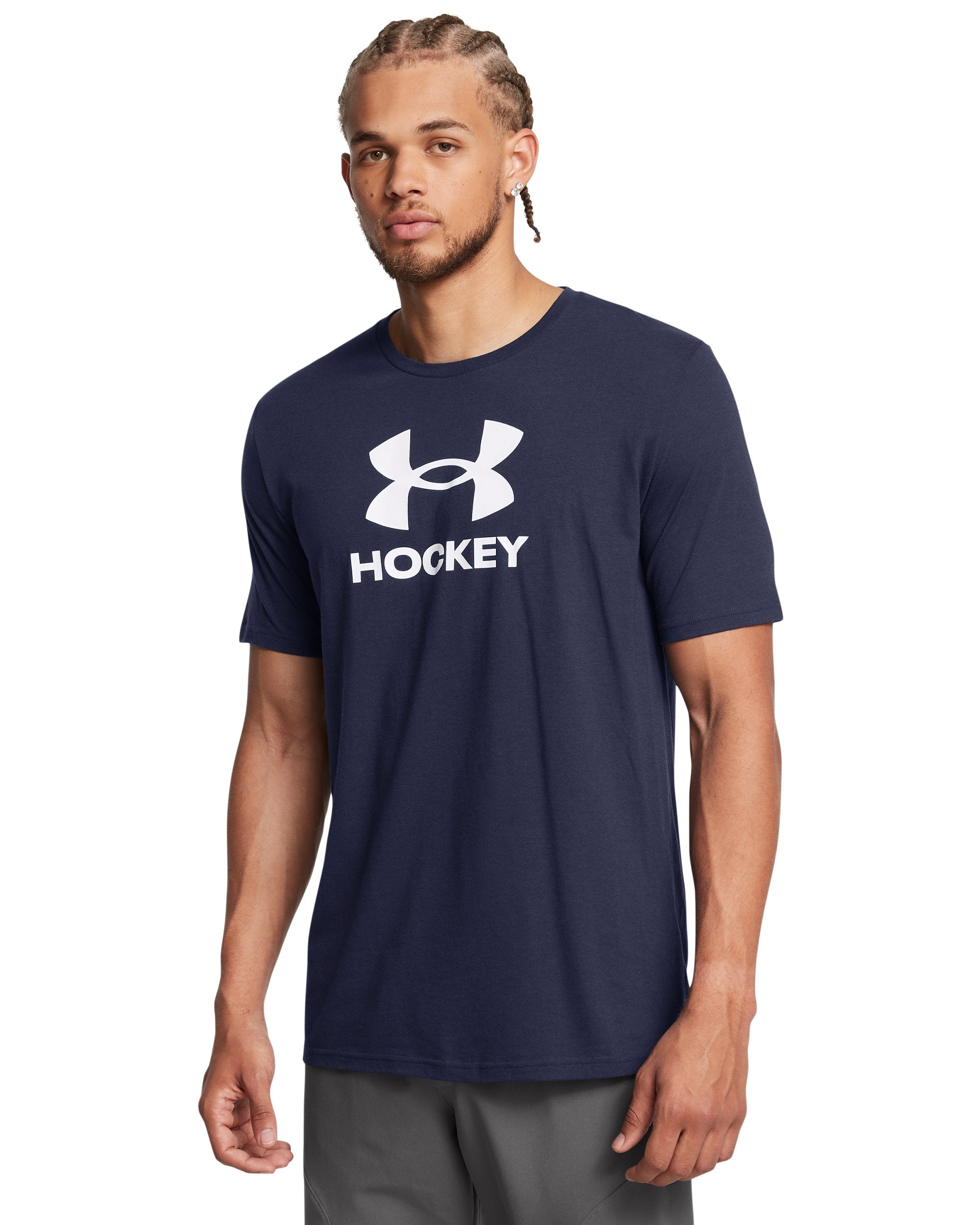 Under Armour Hockey Icon Short Sleeve T-Shirt Navy - on model, front