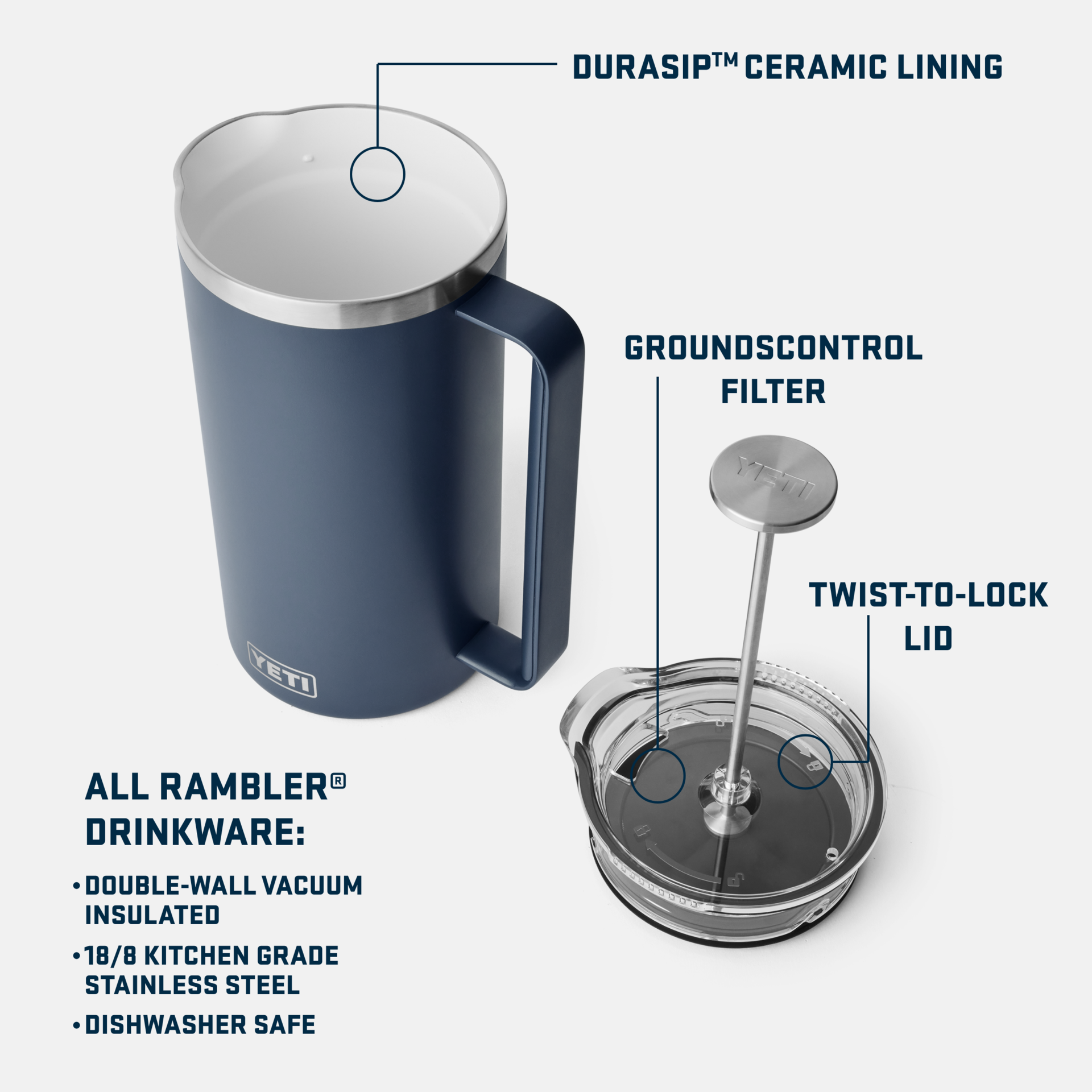 Yeti Rambler 64oz French Press With Twist-To-Lock French Press Lid