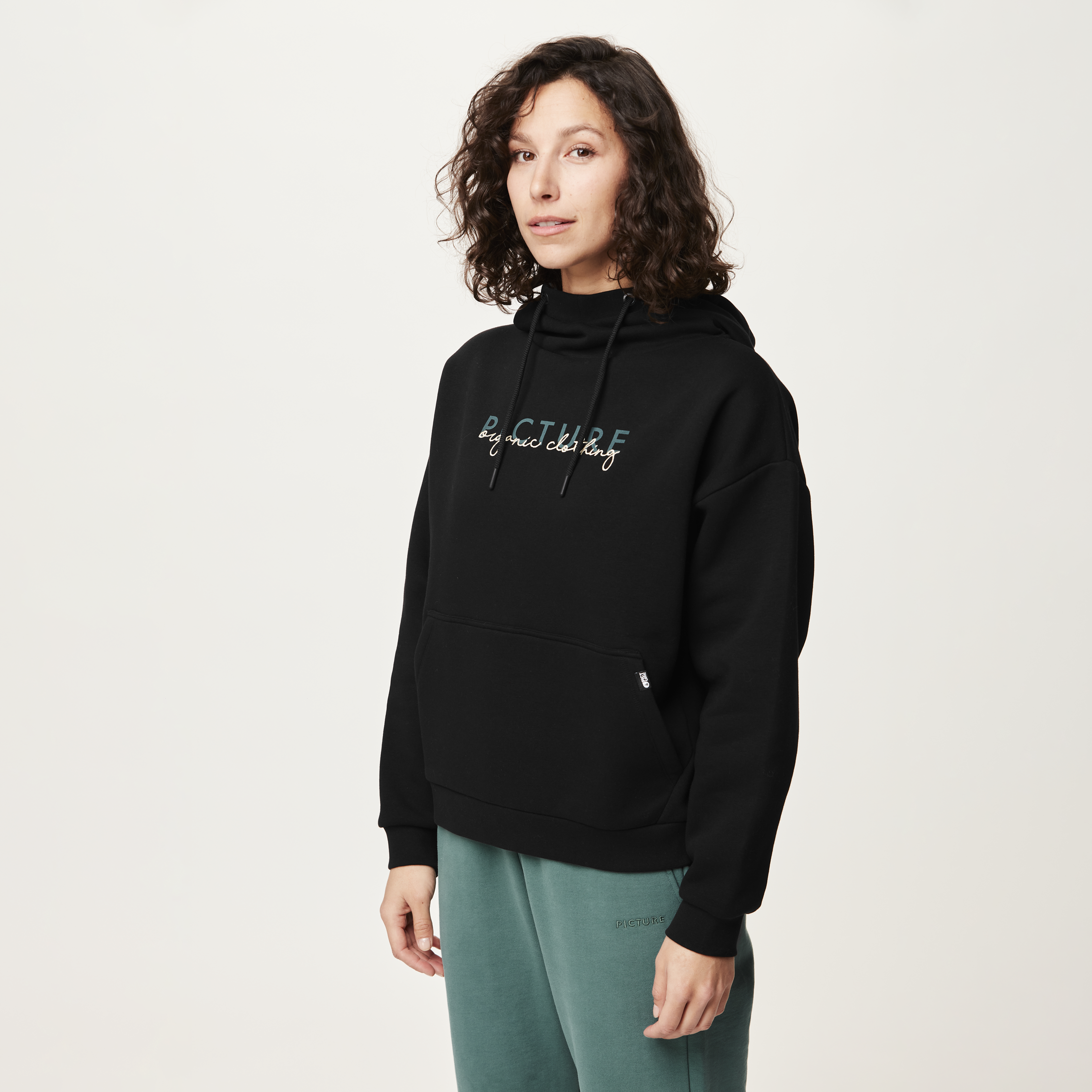 Picture Organic Women's Henia Hoodie - Black Green - chest logo detail