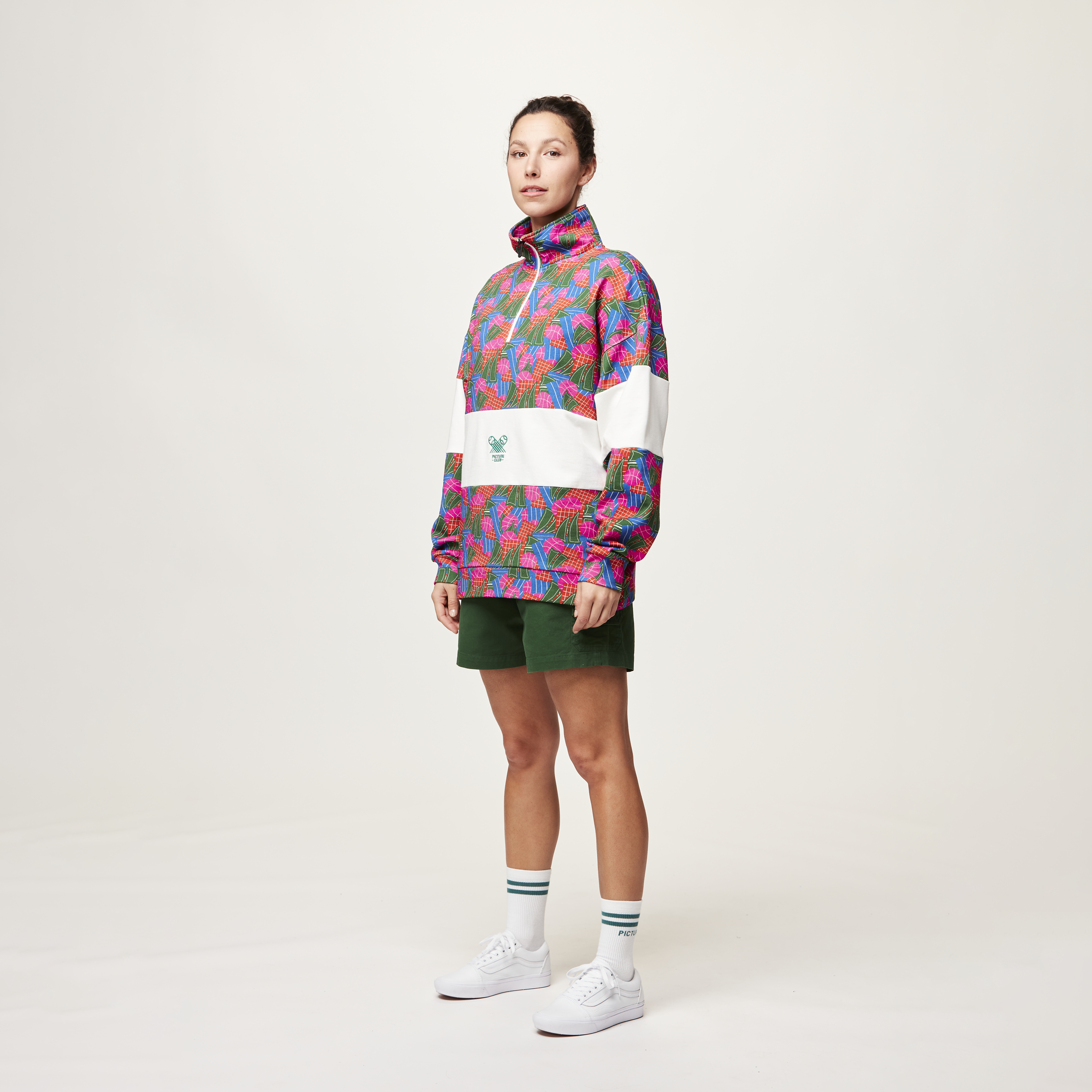 Picture Organic Women's Fir Rugby 1/4 Zip Sweater - Player Print - front with collar zipped