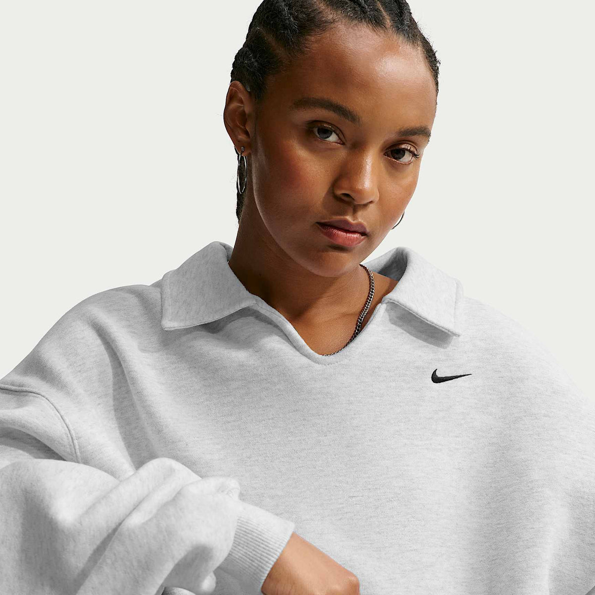 Nike Women's Studio Fleece Medium Weight Oversized Cropped Polo - Birch Heather, front