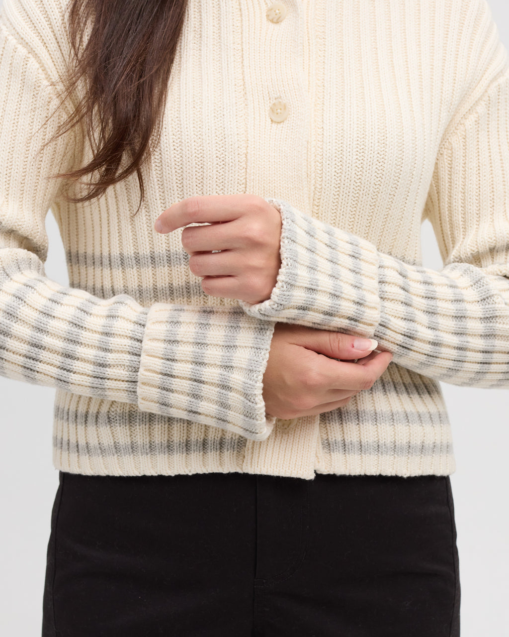 Tentree Women's Monarch Cardigan - COTTON WHITE LIGHT GREY HEATHER BARRE STRIPE