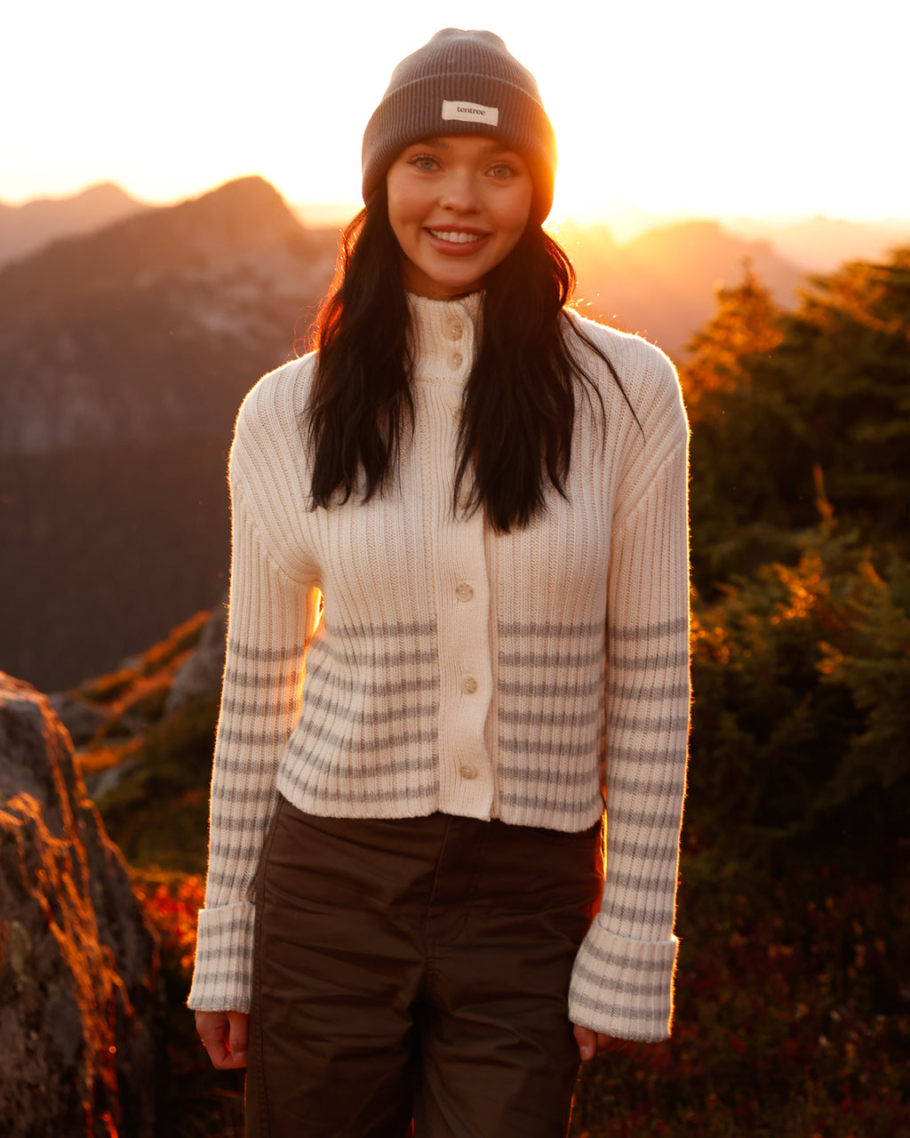 Tentree Women's Monarch Cardigan - COTTON WHITE LIGHT GREY HEATHER BARRE STRIPE
