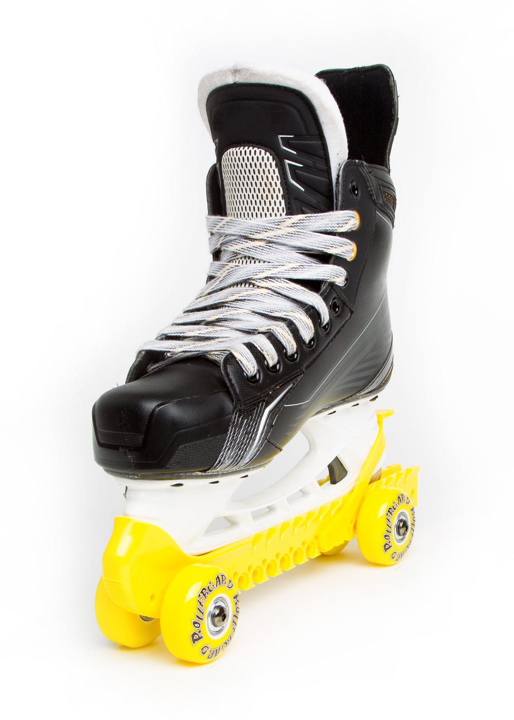 RollerGard rolling skate guard in neon yellow, fitted to a hockey skate