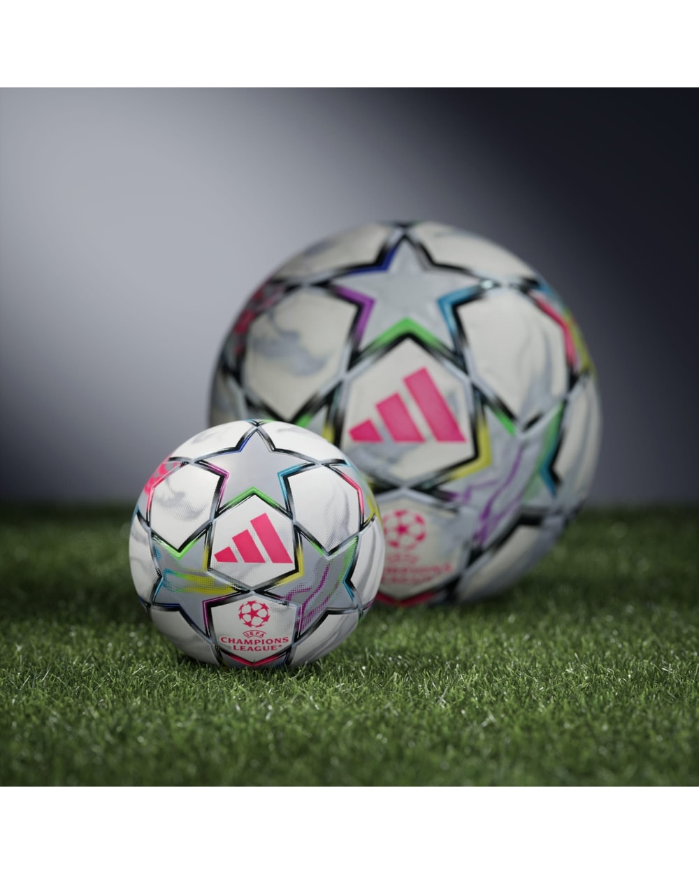 Adidas UEFA Champions League 26/27 Mini Soccer Ball White/Multicolour - shown beside the full-size ball