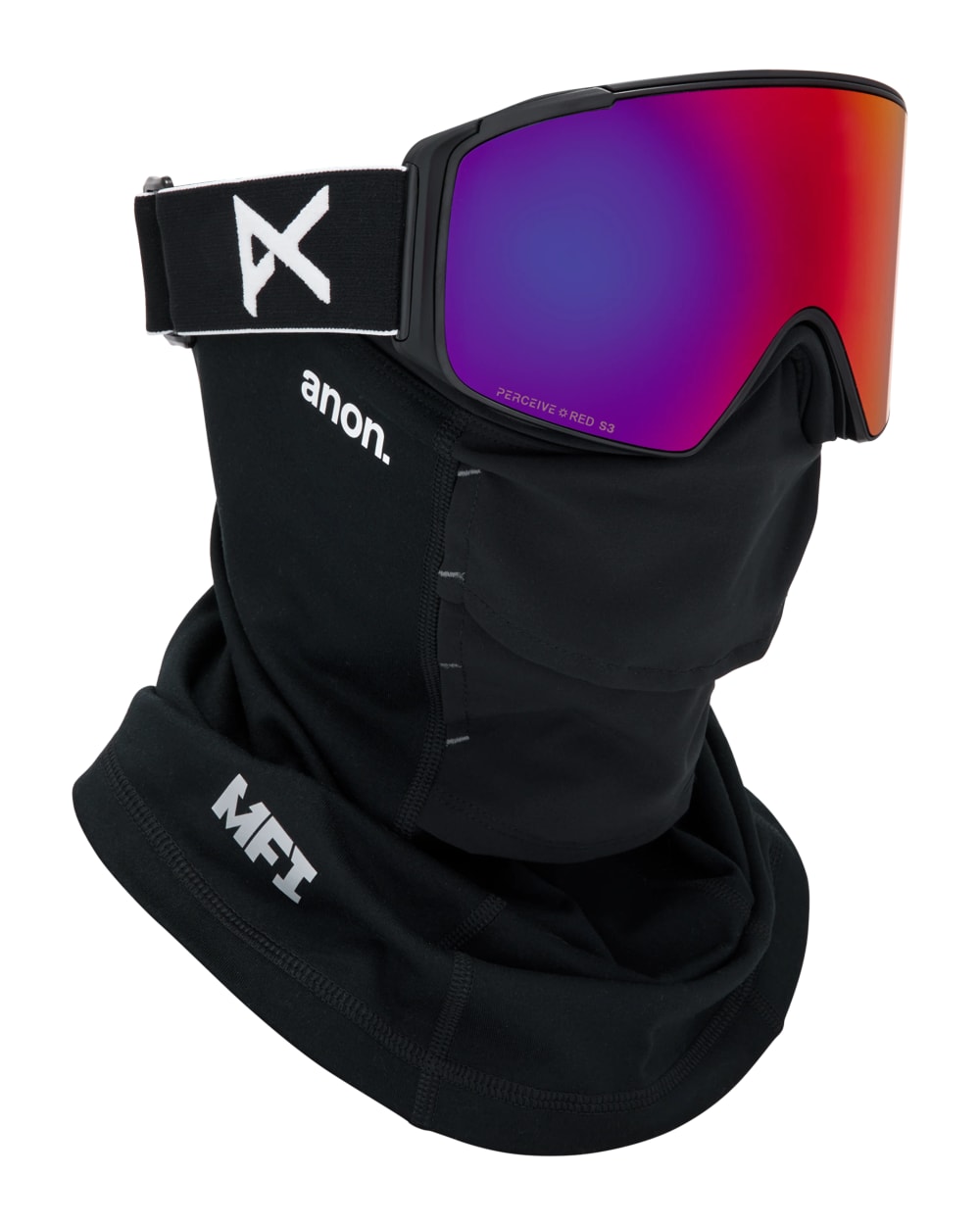 Anon M4S Goggles (Cylindrical) + Bonus Lens + MFI Face Mask - Black/Sunny Red, shown with MFI face mask