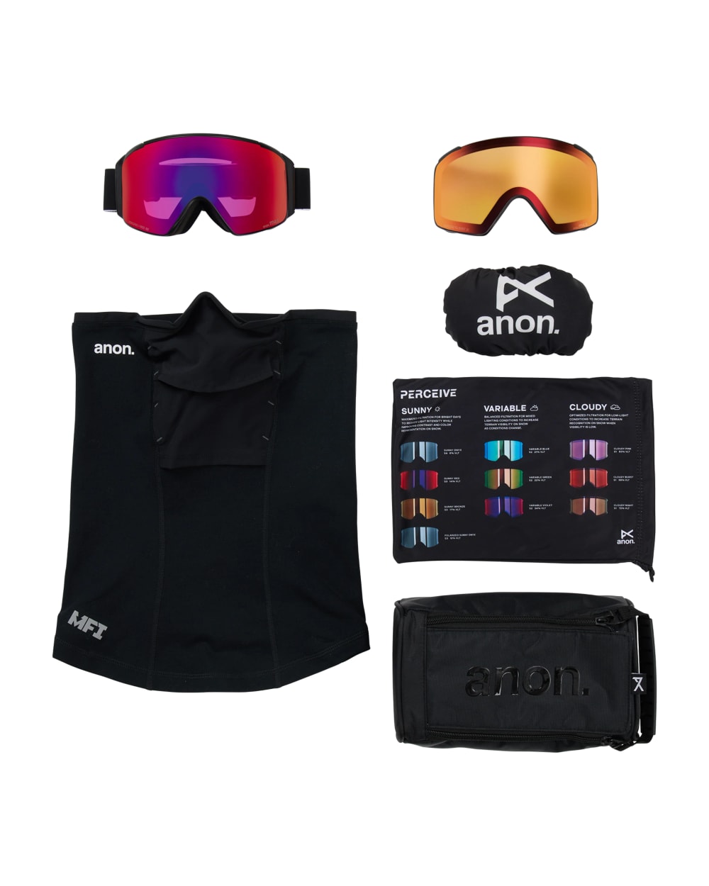 Anon M4S Goggles (Cylindrical) + Bonus Lens + MFI Face Mask - Black/Sunny Red, what is in the box