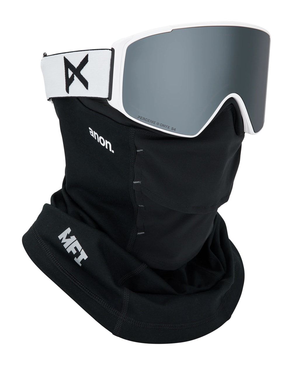 Anon M4S Goggles (Cylindrical) + Bonus Lens + MFI Face Mask - White/Sunny Onyx, shown with MFI face mask