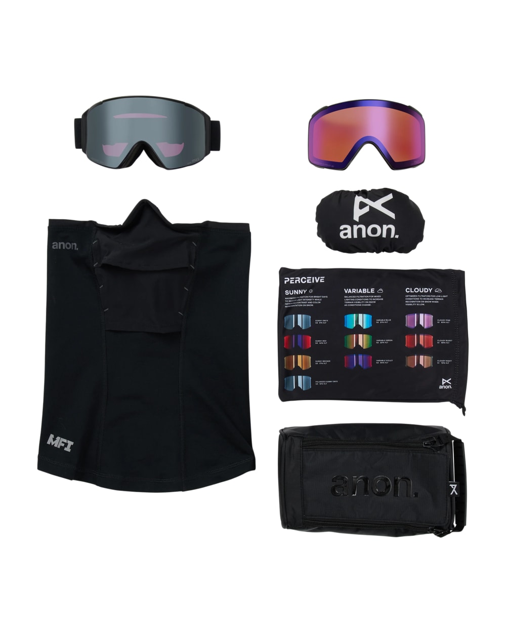 Anon M4S Goggles (Cylindrical) + Bonus Lens + MFI Face Mask - Smoke/Sunny Onyx, what is in the box