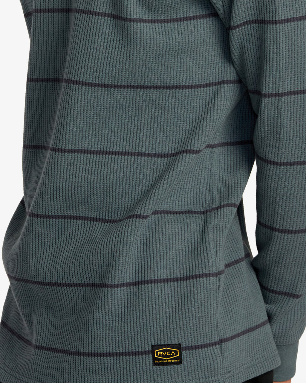 RVCA Dayshift Thermal Long Sleeve Tee in Balsam Green - waffle knit and hem label detail