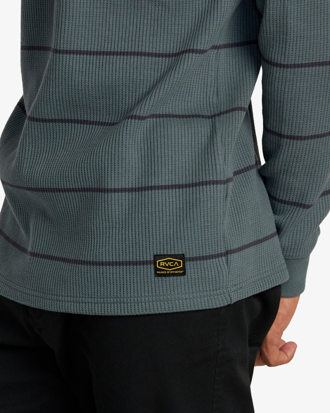 RVCA Dayshift Thermal Long Sleeve Tee in Balsam Green - back hem detail