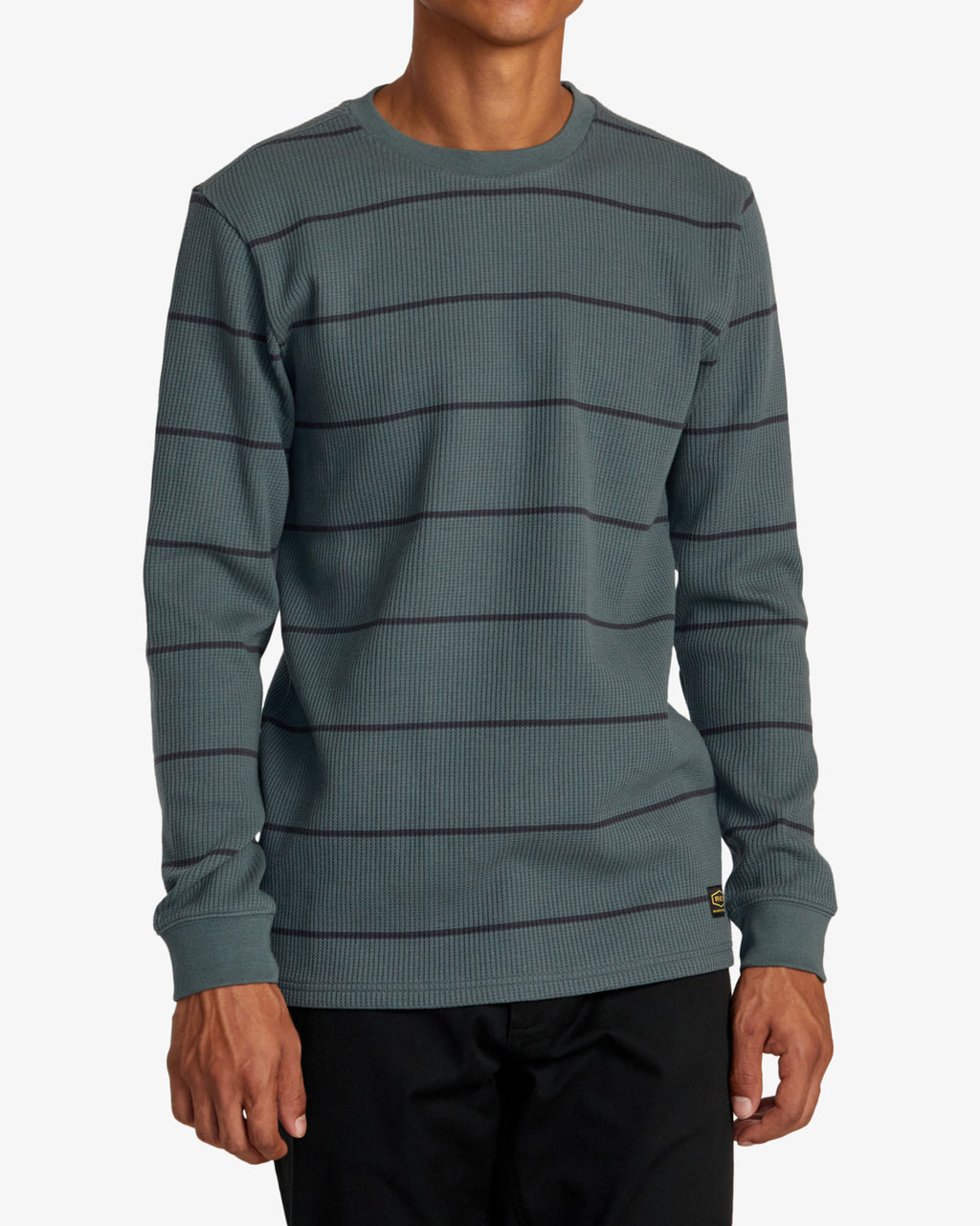 RVCA Dayshift Thermal Long Sleeve Tee in Balsam Green - front on model