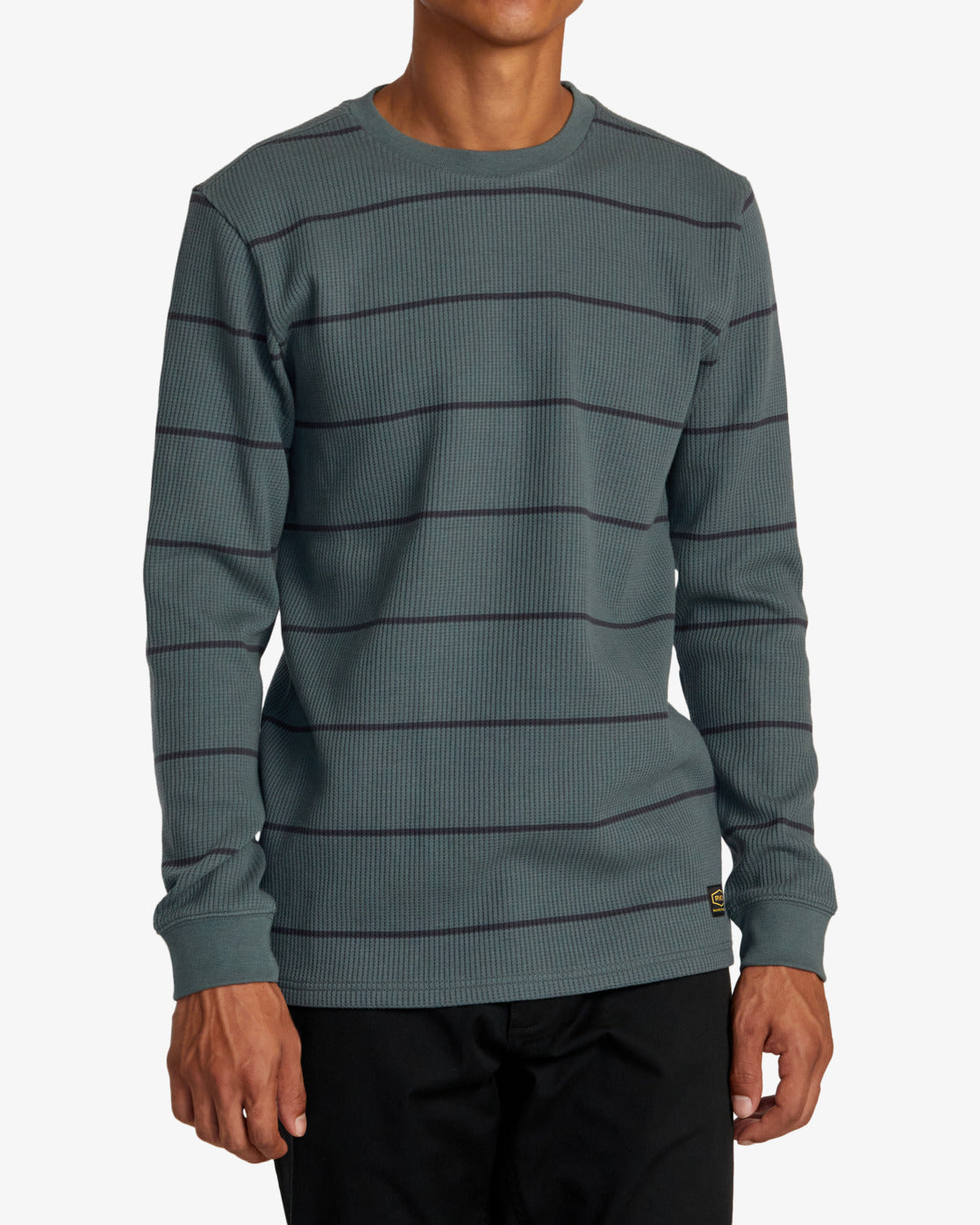 RVCA Dayshift Thermal Long Sleeve Tee in Balsam Green - front on model
