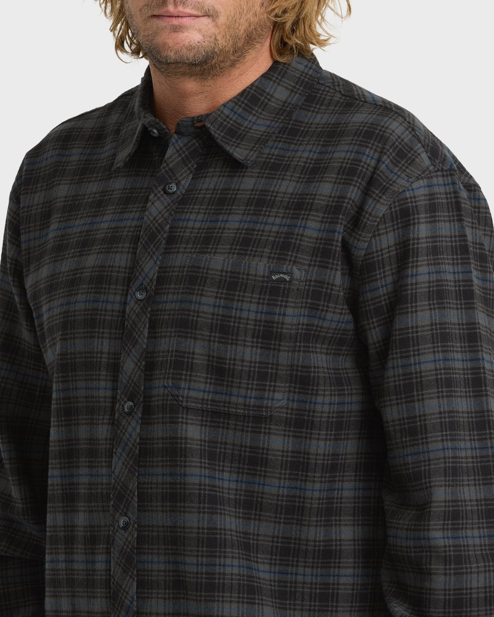 Billabong Men's Coastline Long Sleeve Flannel Shirt in Raven - detail