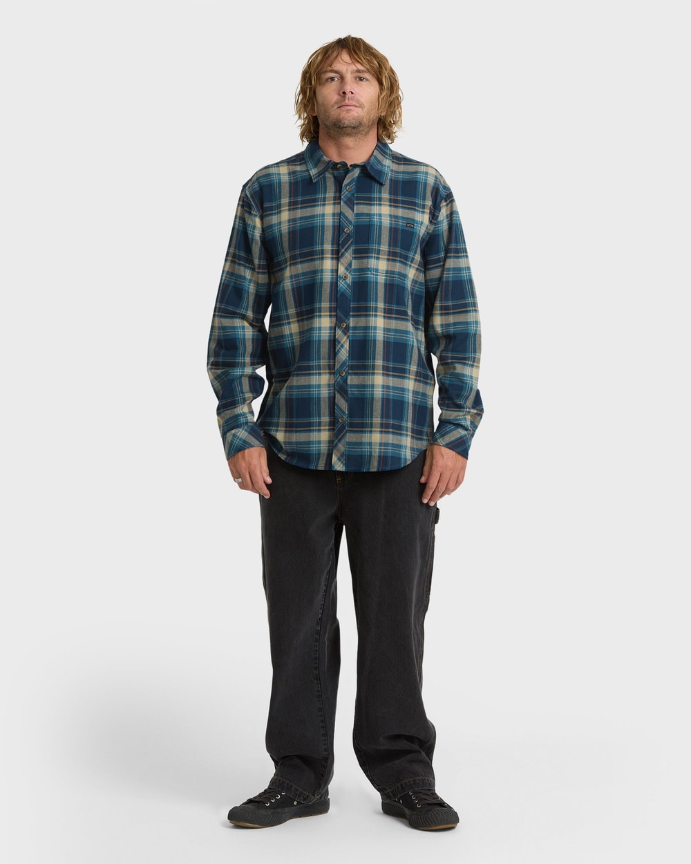 Billabong Men's Coastline Long Sleeve Flannel Shirt in True Navy - full body