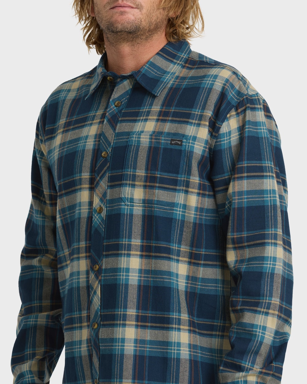 Billabong Men's Coastline Long Sleeve Flannel Shirt in True Navy - detail