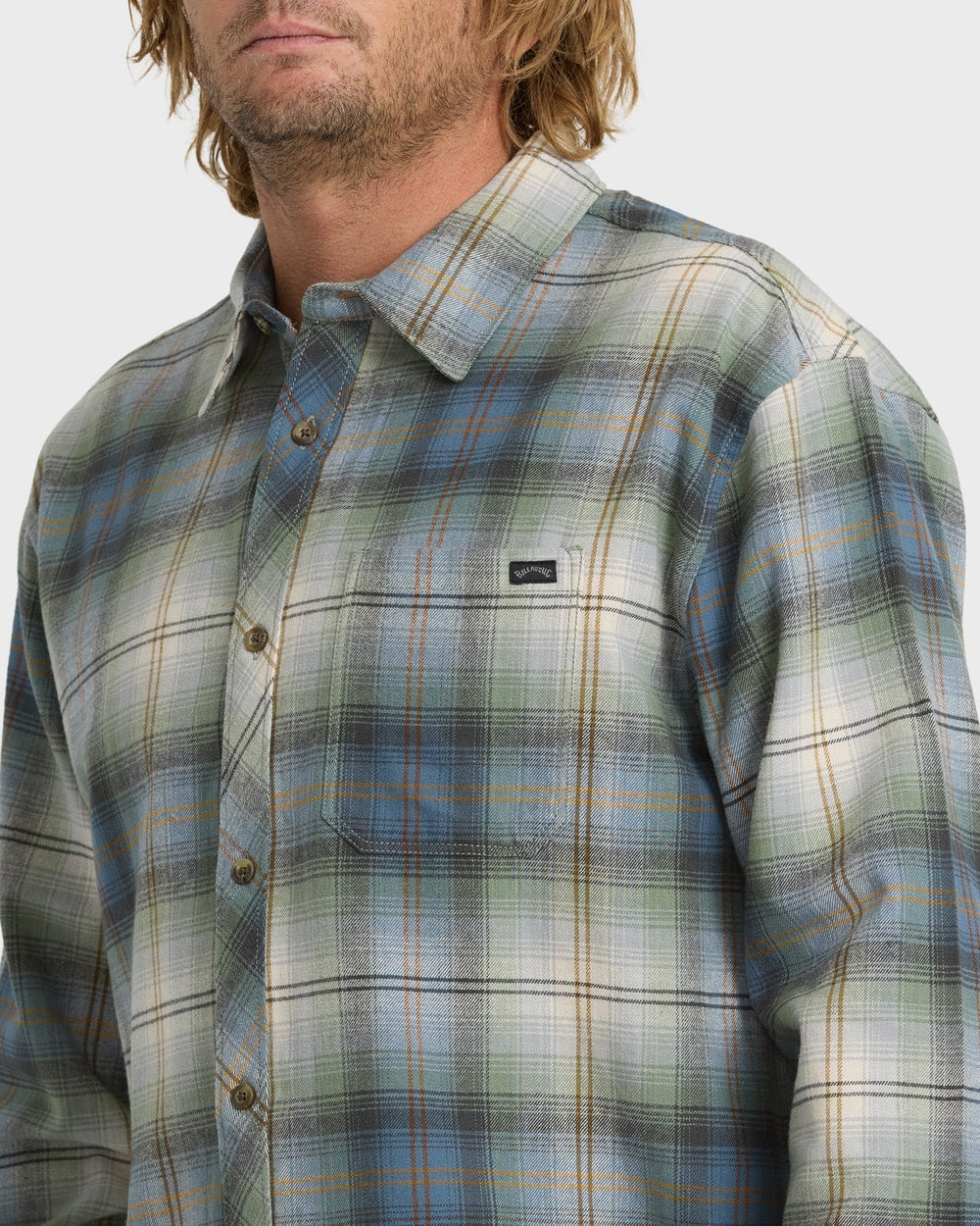 Billabong Men's Coastline Long Sleeve Flannel Shirt in Sea Spray - detail