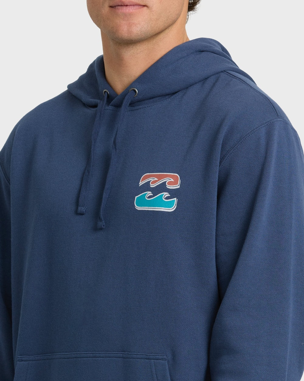Billabong Men's Heritage Arch Pullover Hoodie in Dark Denim, chest logo detail