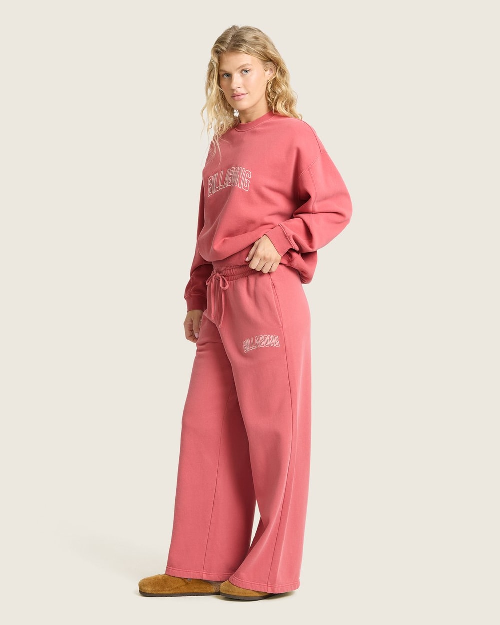 Billabong Women's Vibes Loose Leg Fleece Pants - Mineral Red - front angle