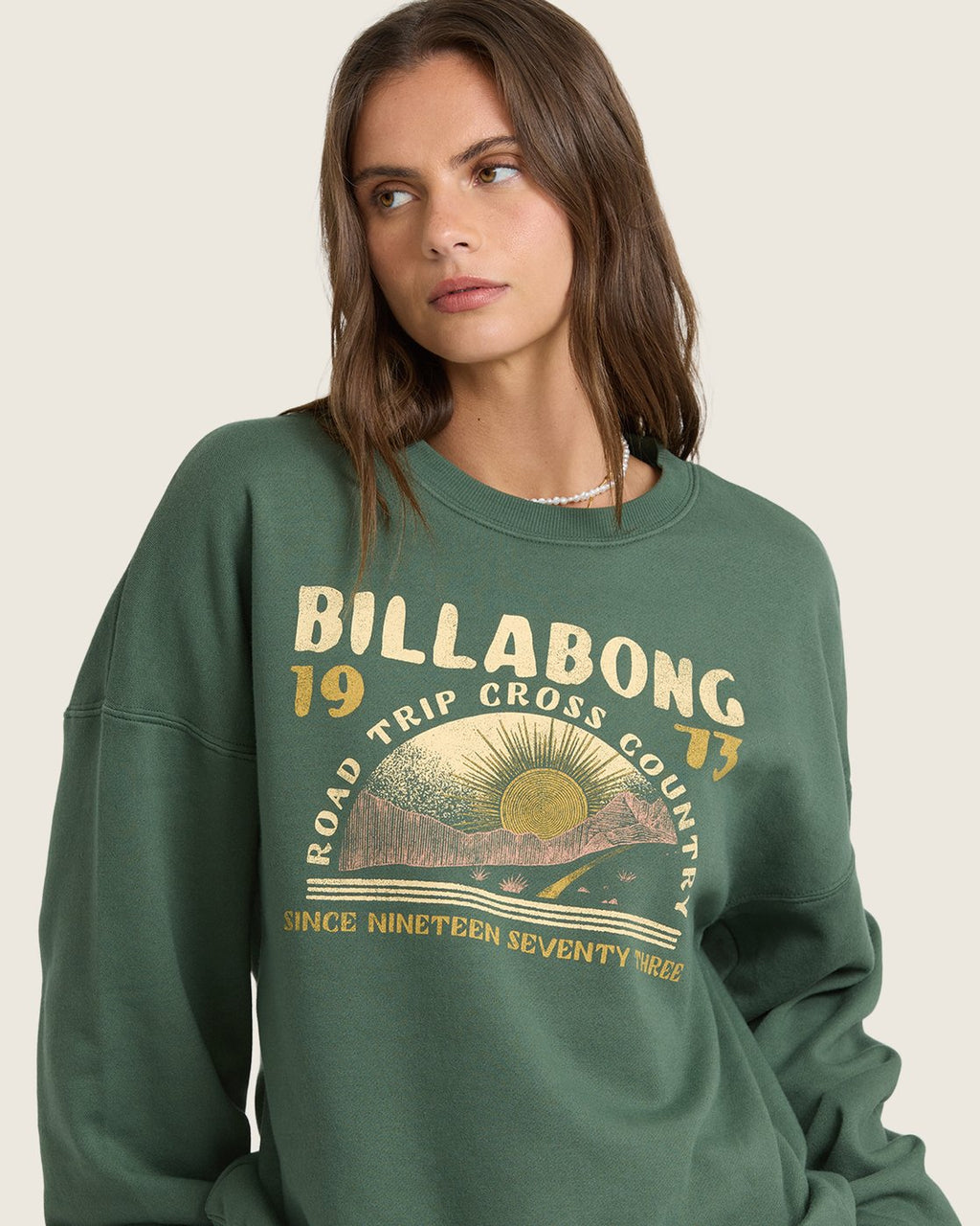Billabong Women's Warm Memories Crewneck Sweatshirt - Rainforest - graphic detail