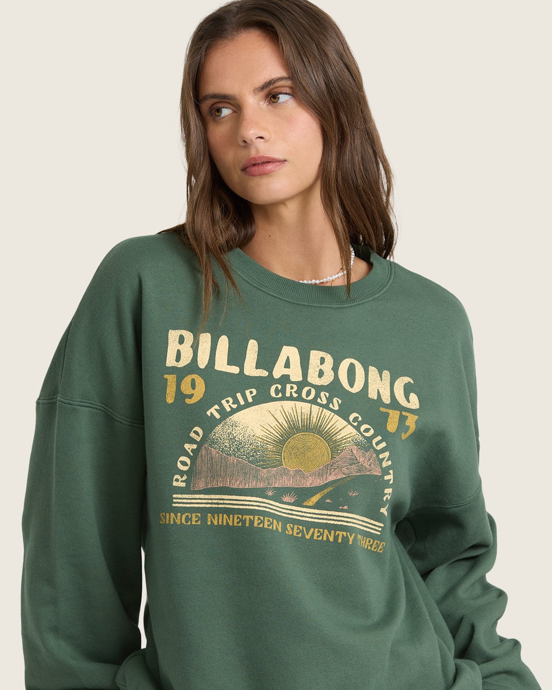 Billabong Women's Warm Memories Crewneck Sweatshirt - Rainforest - graphic detail