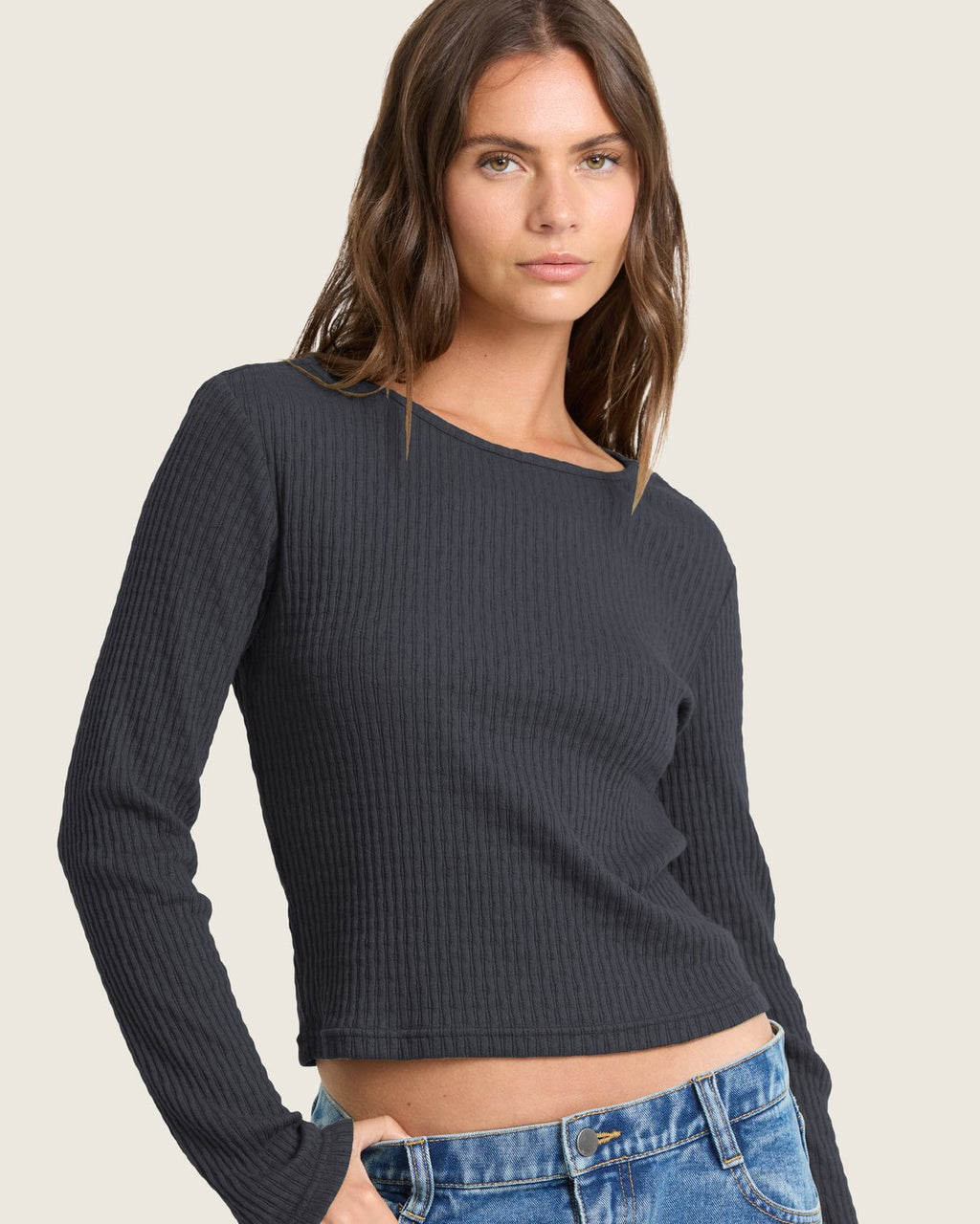 Billabong Women's Sweet Coast Long Sleeve Knit Top - Black Sands - detail