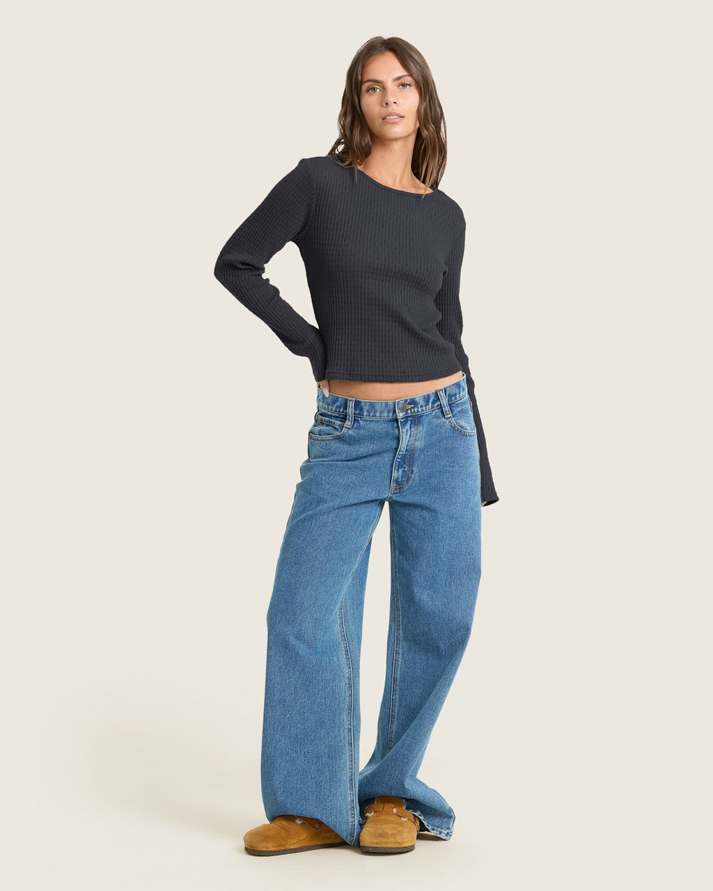 Billabong Women's Sweet Coast Long Sleeve Knit Top - Black Sands - full length