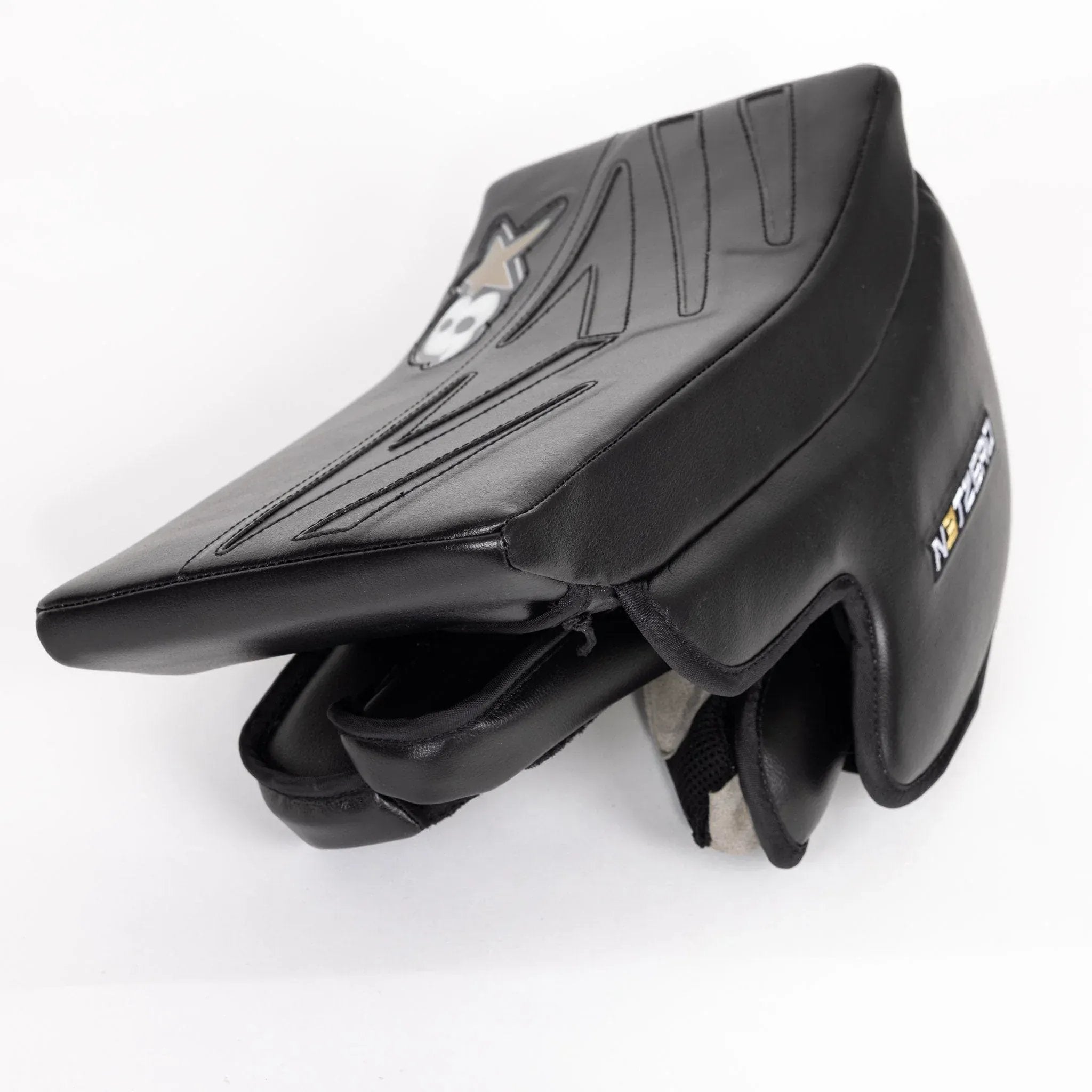 Brian's NetZero 3 Intermediate Goalie Blocker in black - cuff and board angle