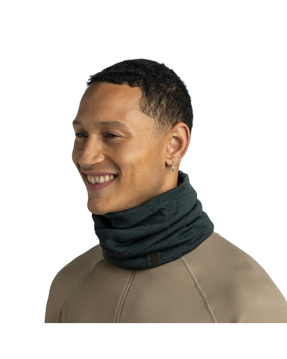 Buff Heavyweight Merino Wool Neckwear - Solid Forest - Solid Forest, worn angled view