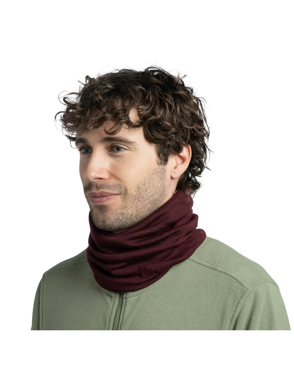 Buff Heavyweight Merino Wool Neckwear - Solid Garnet - Solid Garnet, worn angled view