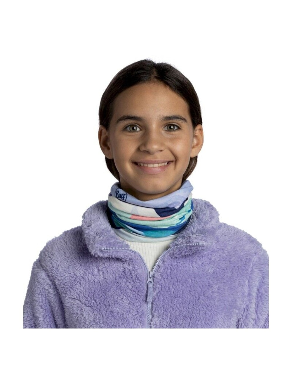 Buff Kids' Original EcoStretch Neckwear - Omasi Mint - Omasi Mint, worn as a neck gaiter