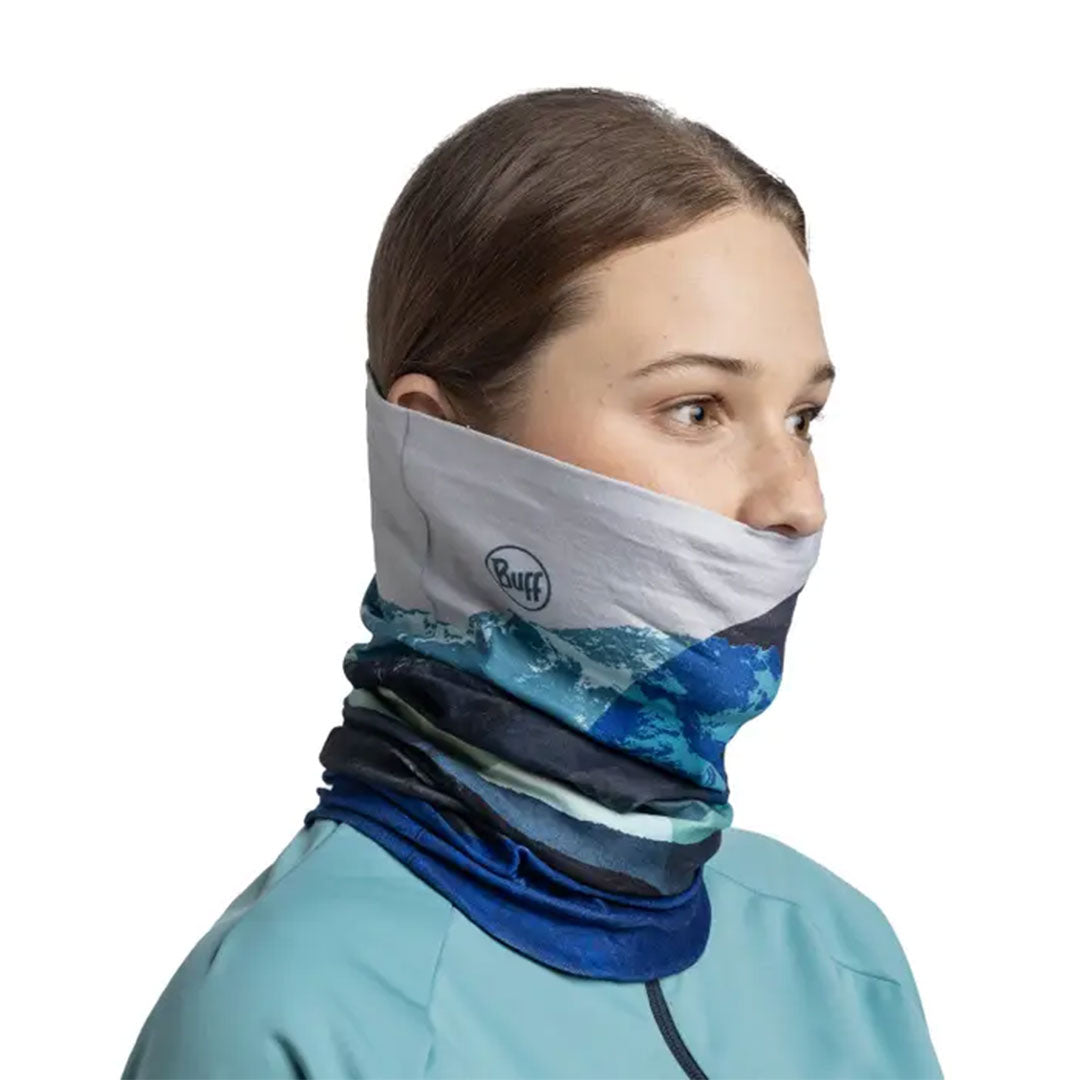 Buff ThermoNet Neckwear - Munke Blue - Munke Blue, worn as neck gaiter, side view