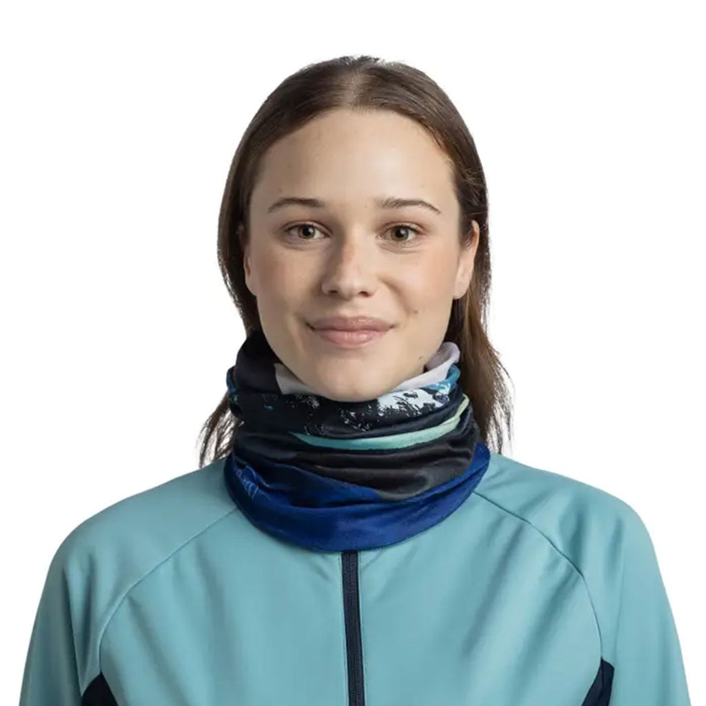 Buff ThermoNet Neckwear - Munke Blue - Munke Blue, worn as neck gaiter, front view