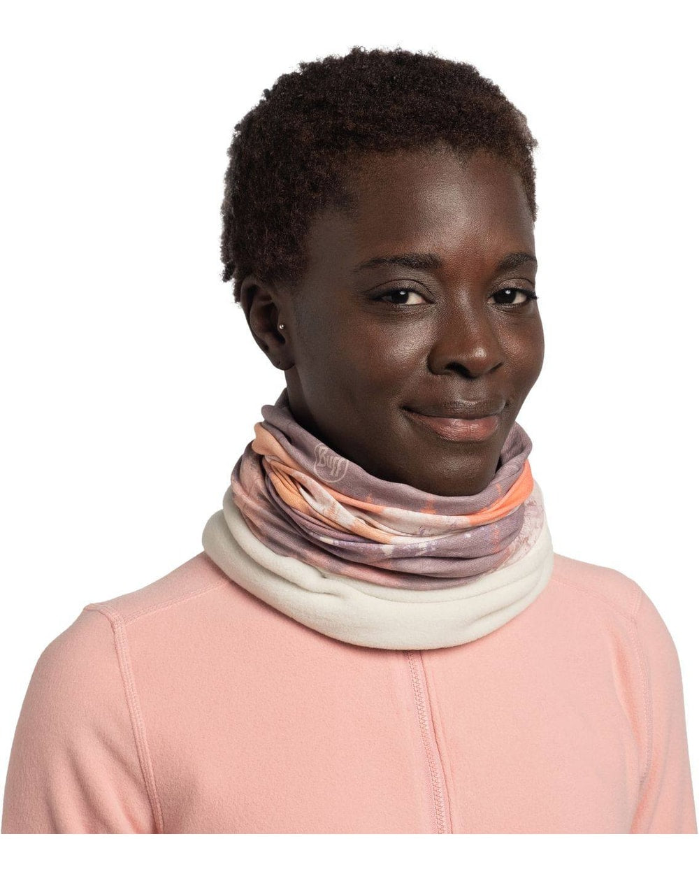 Buff Polar Neckwear - Metly Multi - Metly Multi, worn as neck gaiter, close-up