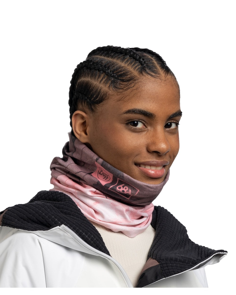 Buff ThermoNet Neckwear - Cloudbreaker 686 Pink - Cloudbreaker 686 Pink, worn as neck gaiter