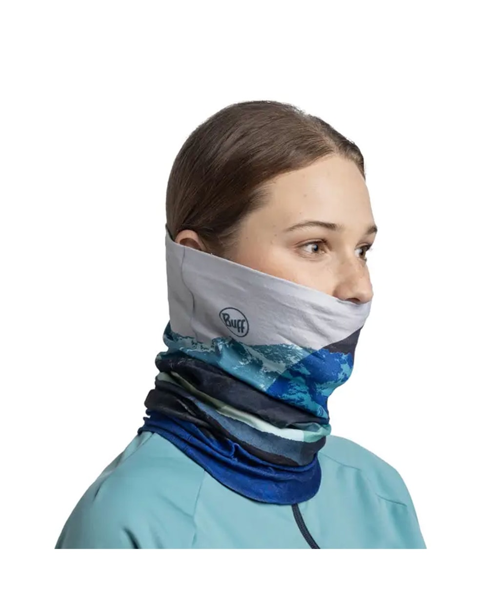Buff ThermoNet Neckwear - Munke Blue - Munke Blue, worn as neck gaiter, side view
