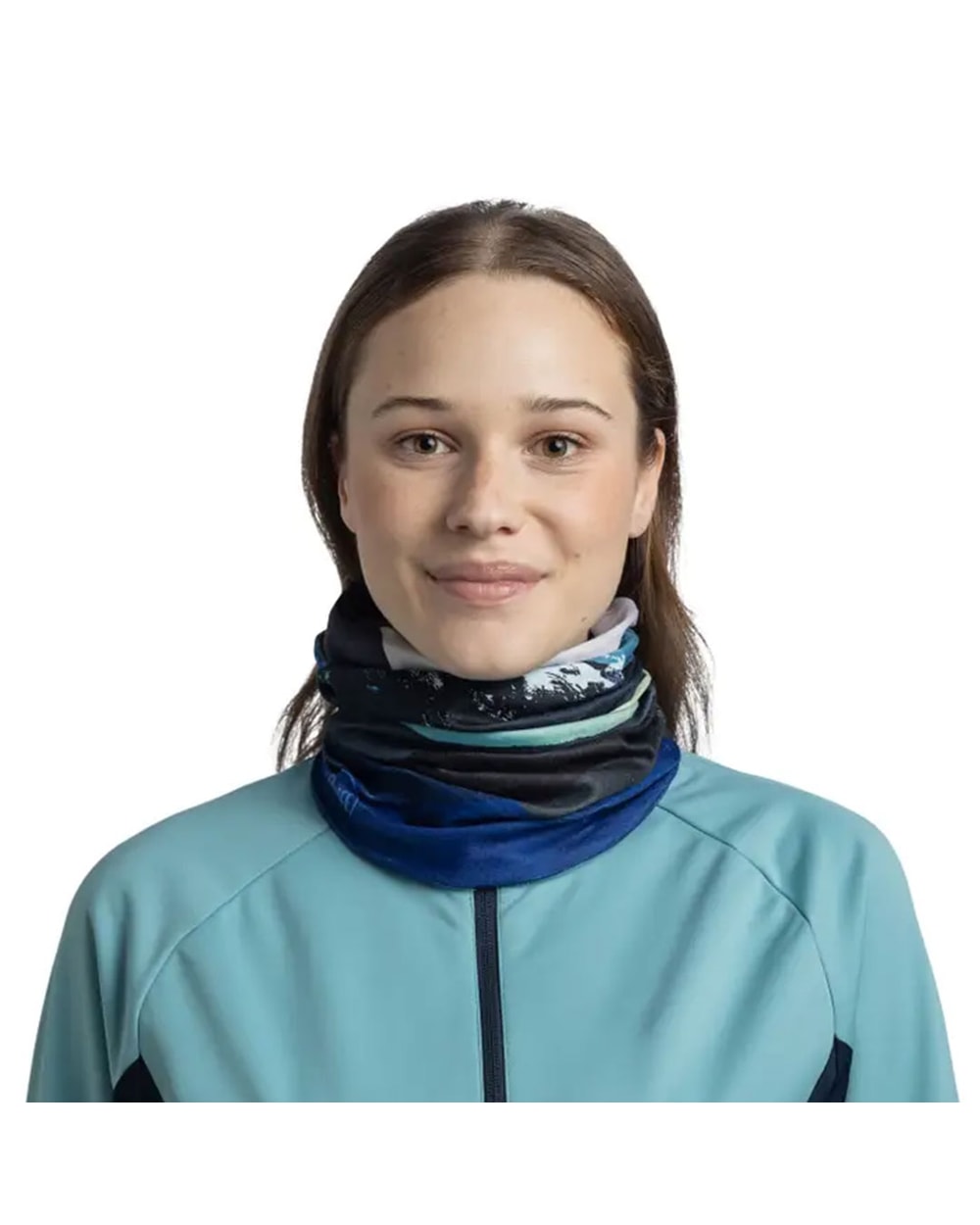 Buff ThermoNet Neckwear - Munke Blue - Munke Blue, worn as neck gaiter, front view