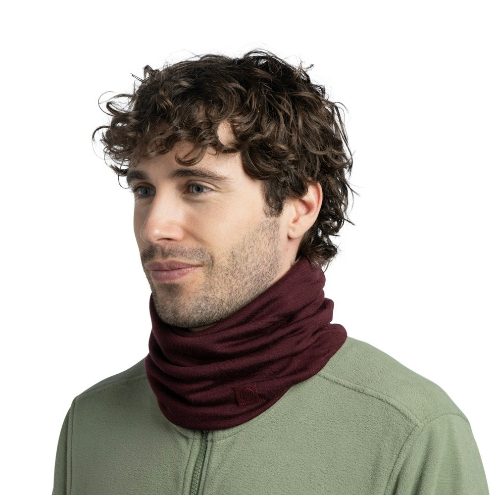 Buff Heavyweight Merino Wool Neckwear - Solid Garnet - Solid Garnet, worn angled view
