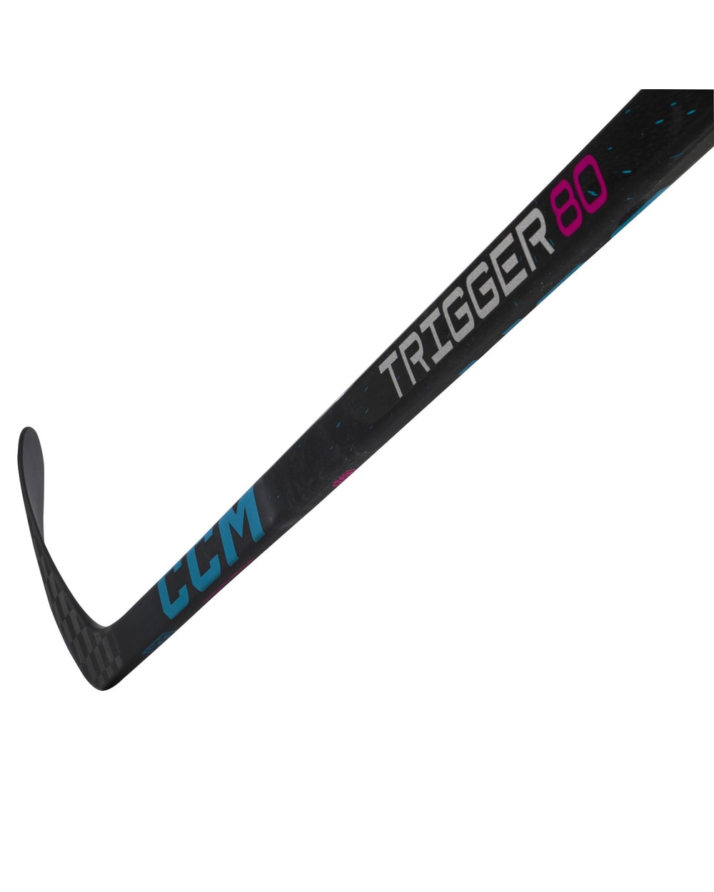 CCM Intermediate Ribcor Trigger 80 Hockey Stick - Black/Blue, blade detail, reverse angle