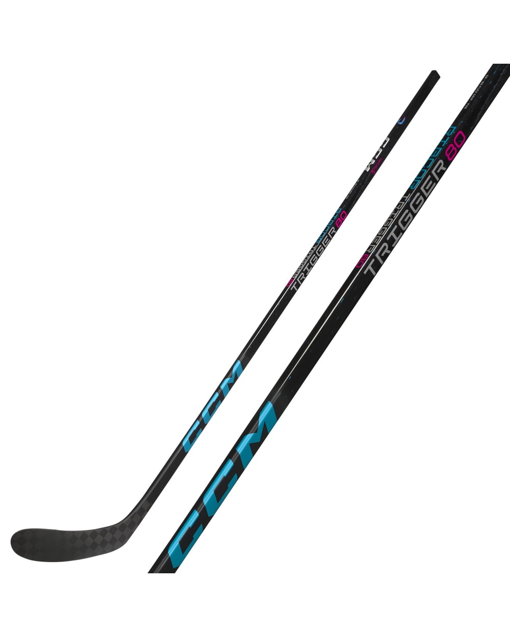 CCM Intermediate Ribcor Trigger 80 Hockey Stick - Black/Blue, front view with shaft detail