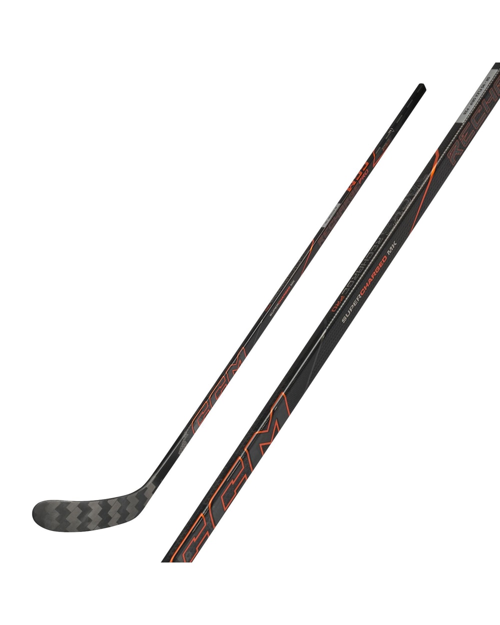 CCM Intermediate Tacks Recharge Pro Hockey Stick - Black/Orange, front view with shaft detail